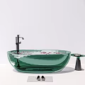 Green Glass Oval Bathtub With Flower Petals Faucet Side Table And Slippers