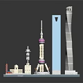 Cartoon Scene With Shanghai Landmark Models Oriental Pearl Tower And Skyscrapers