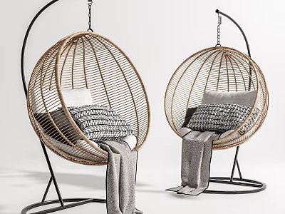 Stylish Rattan Hanging Chairs With Black Metal Frames Gray White Cushions And Cozy Blankets 3d model