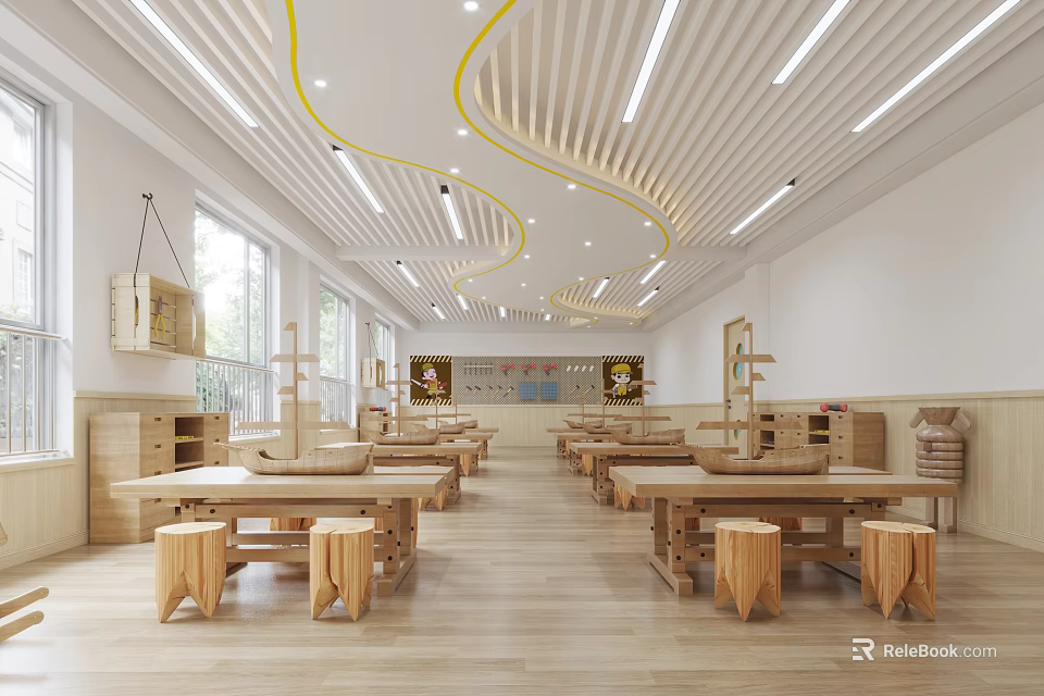 Modern School Classroom Interior With Wooden Tables Stools And Bright Open Space 3d model 
