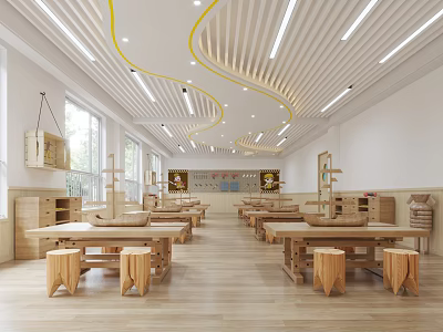 Modern School Classroom Interior With Wooden Tables Stools And Bright Open Space 3d model