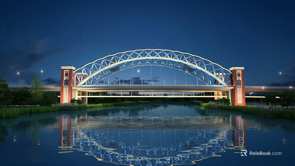 Illuminated Arched Bridge With Red Tower Structures And Water Reflection Under Night Sky 3d model 
