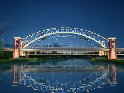 Illuminated Arched Bridge With Red Tower Structures And Water Reflection Under Night Sky 3d model