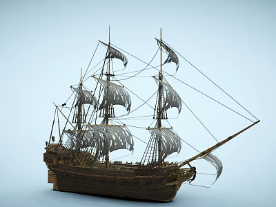 Classic Wooden Sailing Ship With Multiple Sails And Intricate Hull Details 3d model