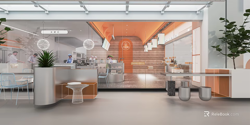 Mall Café Shop Modern Interior With Counter Hanging Lights Wooden Walls And Green Plants 3d model 