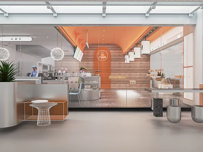 Mall Café Shop Modern Interior With Counter Hanging Lights Wooden Walls And Green Plants 3d model
