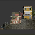 Cartoon Scene With Colorful Houses Balconies Striped Awning Green Plants Waterfront and Small Boat