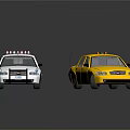 White Police Toy Car With Red Lights And Yellow Taxi Vehicle On Black Surface