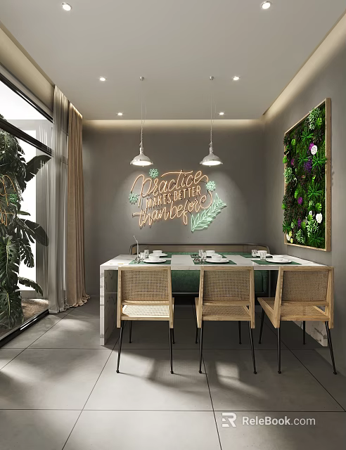 Prairie Themed Restaurant Interior With Green Plant Wall Dining Table Wicker Chairs And Pendant Lights 3d model 