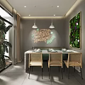 Prairie Themed Restaurant Interior With Green Plant Wall Dining Table Wicker Chairs And Pendant Lights