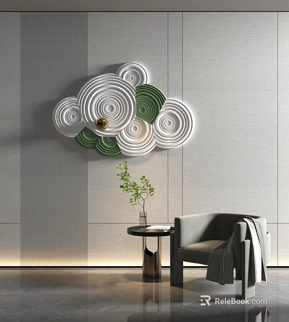 Modern Wall Decor With White Green Circular Layered Patterns On Gray Wall 3d model 