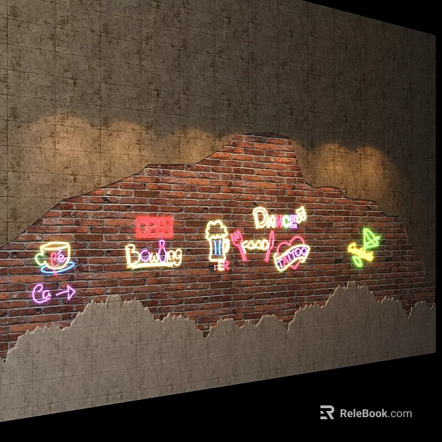 Brick Background Wall Decorated With Neon Signs Including Beauty Drink Cup Heart And Butterfly 3d model 
