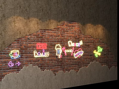 Brick Background Wall Decorated With Neon Signs Including Beauty Drink Cup Heart And Butterfly 3d model