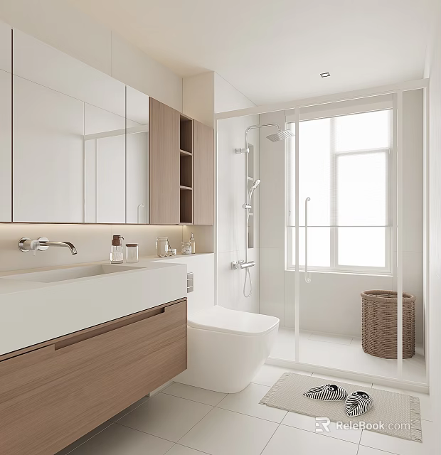 Modern Bathroom Interior Design With Vanity Mirror Toilet Glass Shower And Wooden Cabinets 3d model 