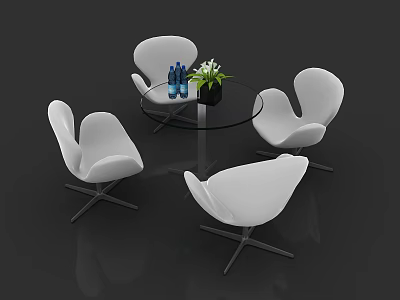 Stylish Round Glass Table Set With White Curved Chairs Green Plant Blue Bottles 3d model