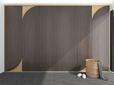 Modern Dark Wood Wardrobe Design With Curved Panels And Woven Basket Slippers On Gray Floor 3d model