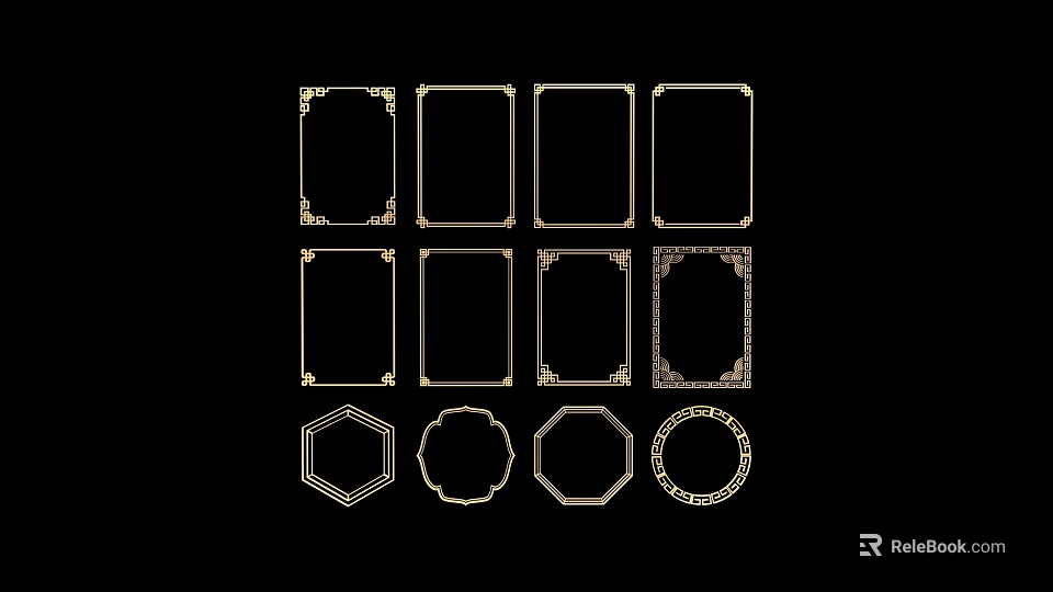 Golden Decorative Frames With Ornate Corner Lines And Various Shapes 3d model