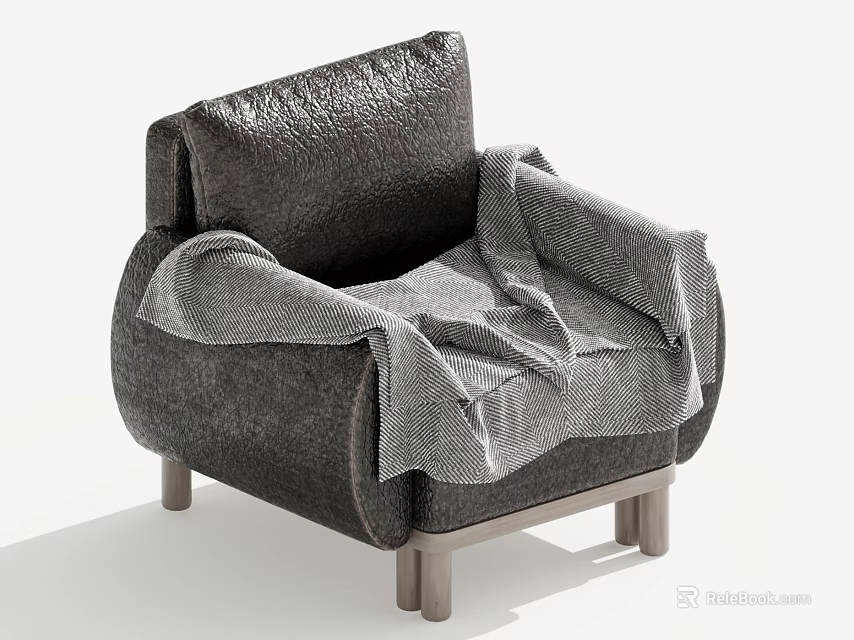 Modern Minimalist Gray Armchair With Soft Fabric Blanket And Wooden Legs 3d model 