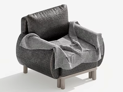 Modern Minimalist Gray Armchair With Soft Fabric Blanket And Wooden Legs 3d model