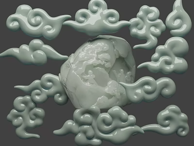 Light Green Jade Sculpture with Central Sphere Carving Surrounded by Intricate Cloud Patterns 3d model