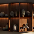Ceramic Vessels Display On Wooden Shelf With Various Shapes And Decorative Pieces