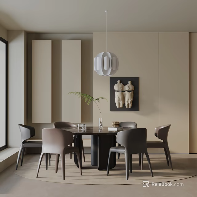 Modern Dining Table Set With Gray Chairs Pendant Light Decorative Artwork And Green Plant 3d model 