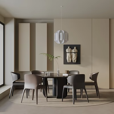 Modern Dining Table Set With Gray Chairs Pendant Light Decorative Artwork And Green Plant 3d model