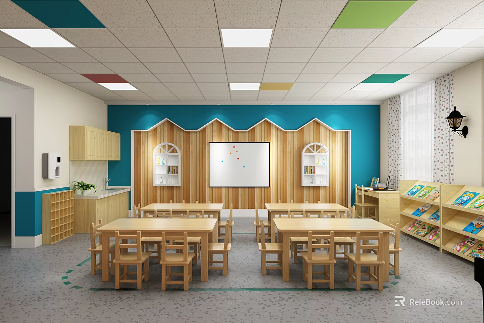 School Classroom Interior With Wooden Tables Chairs Blue Walls Whiteboard And Bookshelves 3d model 