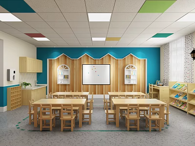School Classroom Interior With Wooden Tables Chairs Blue Walls Whiteboard And Bookshelves 3d model
