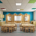 School Classroom Interior With Wooden Tables Chairs Blue Walls Whiteboard And Bookshelves