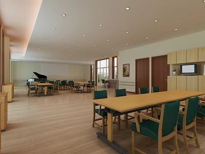 Bright Multi Purpose Room With Long Tables Green Chairs Black Piano And Wooden Flooring 3d model