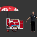 Red Ice Cream Cart Featuring Red Umbrella With White Patterns And Rolling Wheels
