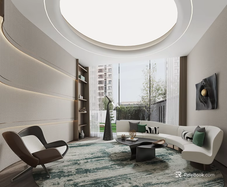 Modern Hotel Public Lounge With White Sofa Brown Armchair And Circular Ceiling Light 3d model 