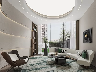 Modern Hotel Public Lounge With White Sofa Brown Armchair And Circular Ceiling Light 3d model