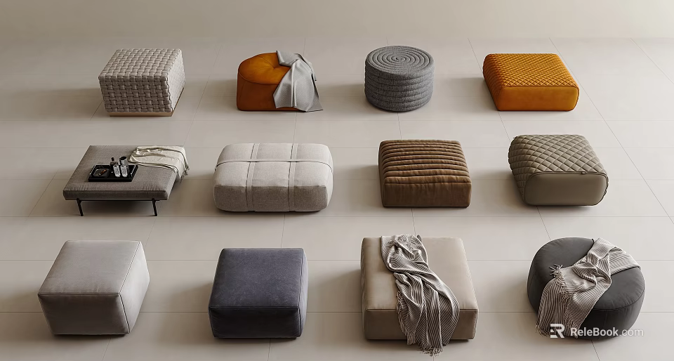 Different Upholstered Ottoman Styles in Gray Orange Beige with Woven Textures and Blankets 3d model 