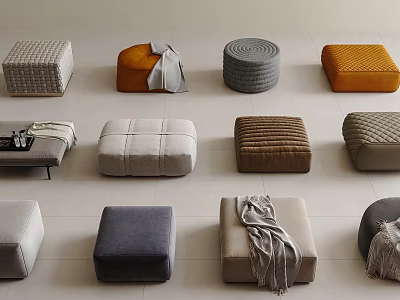 Different Upholstered Ottoman Styles in Gray Orange Beige with Woven Textures and Blankets 3d model