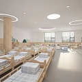 Bright Kindergarten Interior With Round Ceiling Lights Colorful Stools And Round Tables For Kids