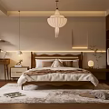 Modern Bedroom Interior Design With Wooden Bed Hanging Lamp Side Table And Soft Rug