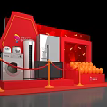 Modern Home Appliances Exhibition With Refrigerator Washing Machine TV And Orange Balls On Red Background
