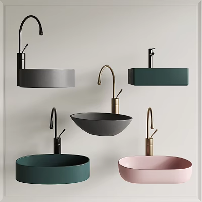 Modern Gray Green Pink Washbasins In Bowl Square Shapes With Black Gold Faucets 3d model