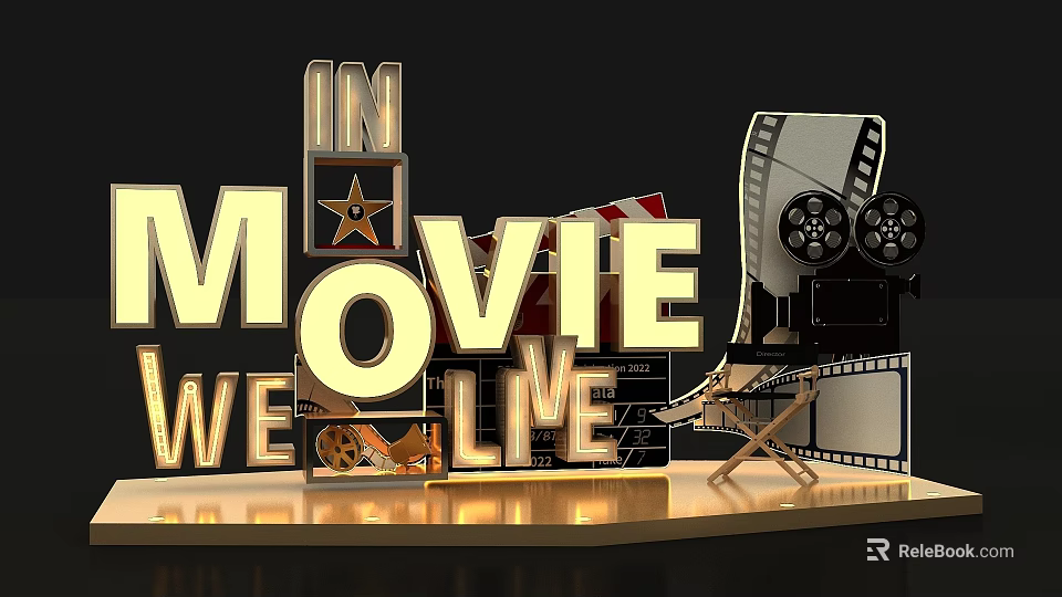 Golden 3D Movie Themed Display With Film Reel Projector And Director Chair 3d model 