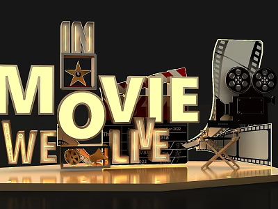 Golden 3D Movie Themed Display With Film Reel Projector And Director Chair 3d model