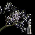 Blooming Tree With Purple White Flowers And Standing White Statue Figure
