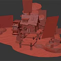 Cartoon Scenic Wooden Cottage with Watermill and Bridge by Blue Water in Green Forest