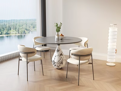 Modern Round Dining Table Set with Four Chairs Green Plant Lake View and Wooden Floor 3d model