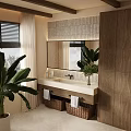 Modern Bathroom Cabinet With Stone Countertop Mirror Wooden Design Green Plant Baskets