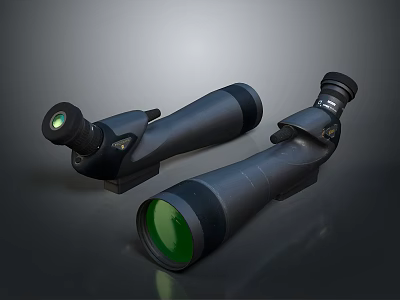 Scenic Nature Landscape Viewed Through Black Binoculars With Green Lenses On Gray Background 3d model