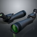 Scenic Nature Landscape Viewed Through Black Binoculars With Green Lenses On Gray Background