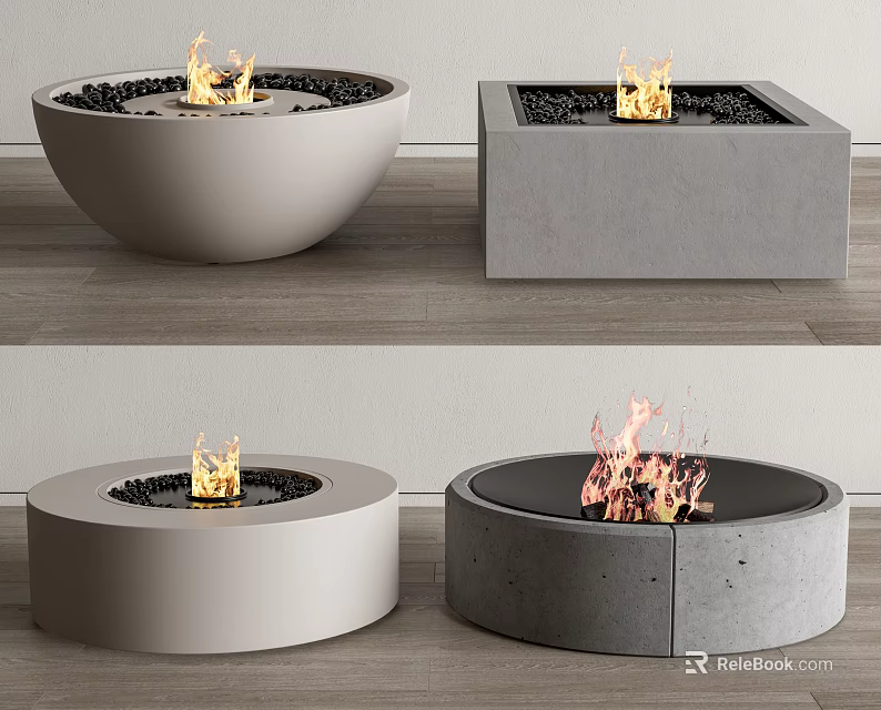 Modern Fireplaces In Concrete Shapes With Burning Flames And Black Pebbles 3d model 