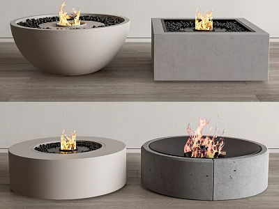 Modern Fireplaces In Concrete Shapes With Burning Flames And Black Pebbles 3d model
